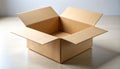 Open brown cardboard box on light wooden table with white wall background Royalty Free Stock Photo