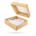 Open brown cardboard gift box with shredded paper isolated