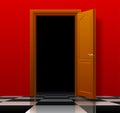 Open brown door with red wall and glossy chess floor Royalty Free Stock Photo