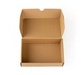 Open brown gift box isolated on a white background. Empty cardboard box for packing small parcels and gifts close-up. New clean Royalty Free Stock Photo