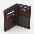Open Brown Leather Wallet Holding a Blue Passport and Cards on White Backdrop Royalty Free Stock Photo