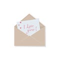 An open brown paper envelope with a letter of love and pink hearts. Symbol of a postal message and a declaration of love. Congrat