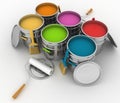 Open buckets with a paint, brush and rollers