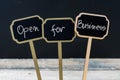 OPEN FOR BUSINESS message written with chalk on wooden mini blackboard labels