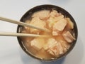 Open can of canned chicken with chopsticks