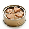 Open can displaying neatly packed slices of tuna submerged in oil, shot on a white background.. Royalty Free Stock Photo
