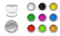 Open cans with building paint multicolored vector set. Front view. Royalty Free Stock Photo