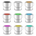 Open cans with building paint multicolored vector set. Front view. Royalty Free Stock Photo