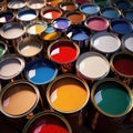 Open cans of paint in many colors, representing diversity and choice Royalty Free Stock Photo