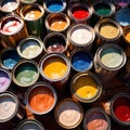 Open cans of paint in many colors, representing diversity and choice Royalty Free Stock Photo