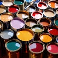 Open cans of paint in many colors, representing diversity and choice Royalty Free Stock Photo