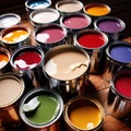 Open cans of paint in many colors, representing diversity and choice Royalty Free Stock Photo