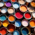 Open cans of paint in many colors, representing diversity and choice Royalty Free Stock Photo
