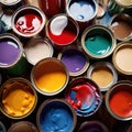 Open cans of paint in many colors, representing diversity and choice Royalty Free Stock Photo