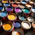 Open cans of paint in many colors, representing diversity and choice Royalty Free Stock Photo