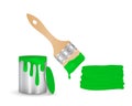Open cans of paint, brush with dripping paint and brush stroke of green color Royalty Free Stock Photo