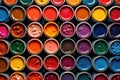 Open cans of paints, different colors. Generative AI