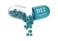 Open capsule with b12 from which the vitamin composition is pouring Royalty Free Stock Photo