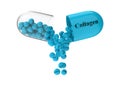 Open capsule with collagen from which the vitamin composition is pouring. 3D rendering illustration