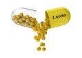 Open capsule with lutein from which the vitamin composition is pouring. 3D rendering illustration