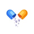 Open capsule with medicine particles. Blue and yellow pill flat icon