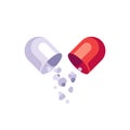 Open capsule with medicine particles. Red pill flat icon