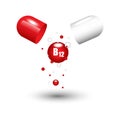 Open capsule pill with falling out molecules. B12, methylcobalamin vitamine. Vector illustration. EPS 10.