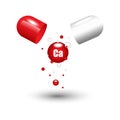 Open capsule pill with falling out molecules. Calcium, Ca vitamine. Vector illustration. EPS 10. Royalty Free Stock Photo