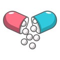 Open capsule pill icon, cartoon style