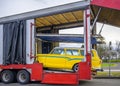 Open car hauler semi trailer for safety car transportation unloading retro vehicle