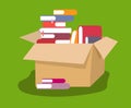 Open cardboard box with books in the style of flat Royalty Free Stock Photo