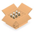 Open cardboard box with bottles inside