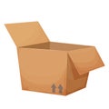 Open cardboard box in cartoon style isolated on white background. Gift, surprise or deliver. Transportation parcel