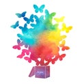 Open cardboard box with colorful butterflies flying.Gift-butterf