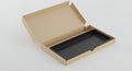 Open cardboard box containing a black plastic tray, placed on a white surface. The Royalty Free Stock Photo