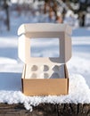 Open cardboard box for cupcakes sits on a snow covered surface outdoors in winter sunlight Royalty Free Stock Photo