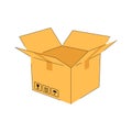 Open cardboard box icon with symbols isolated white background. Cartoon Delivery cargo box with fragile care sign symbol Royalty Free Stock Photo