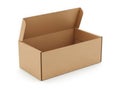 An open cardboard box with its lid slightly ajar against a white background Royalty Free Stock Photo