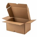 An open cardboard box with a lid resting on its side against a white background. isolated on transparent background Royalty Free Stock Photo