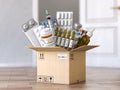 Open cardboard box with medicines and healthcare medication. Buying and delivery medications concept