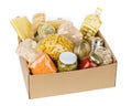 Open cardboard box with oil, canned food, cereals and pasta