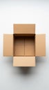 An open cardboard box is placed on a plain white background. The box has four flaps Royalty Free Stock Photo