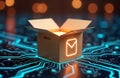 Open cardboard box sits on tech circuit board. Hologram email symbol glows inside. Futuristic concept of automated package