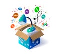 Open cardboard box with table lamp and confetti explosion inside and on white background Royalty Free Stock Photo