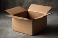 Open cardboard box on a textured surface, revealing empty interior under soft lighting in a minimalist setting Royalty Free Stock Photo