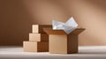 Open cardboard box with white tissue paper inside and three stacked closed boxes on beige background in soft lighting Royalty Free Stock Photo