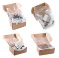Open cardboard boxes with bubble wrap and items on white background, collage Royalty Free Stock Photo