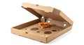 Open cardboard pizza box with a single slice and missing toppings Royalty Free Stock Photo