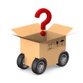 Open cargo box and question with wheel on white background. Isolated 3D illustration Royalty Free Stock Photo