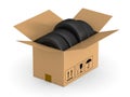 Open cargo box with tyres on white background. Isolated 3D illus